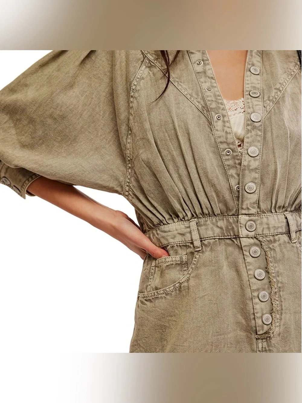 NWT Free People S Mad Love Denim Midi Dress in Sage Green New $198 Pocket Cotton